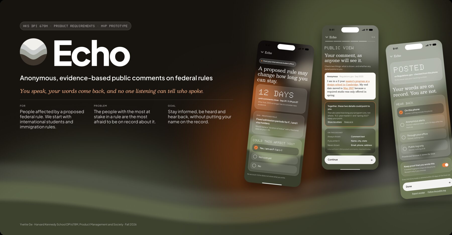 Echo: anonymous, evidence-based public comments on federal rules. Three phone screens from the MVP prototype.